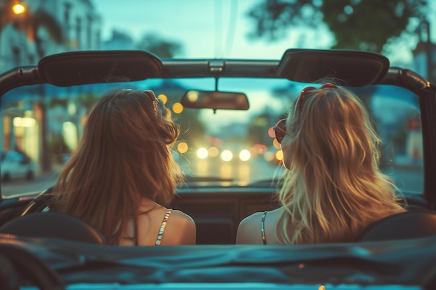 Dos mujeres disfrutando de un paseo en coche descapotable en la ciudad