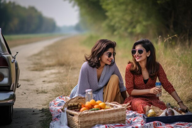 Dos mujeres disfrutando de un picnic al lado de la carretera