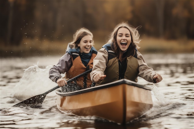 Dos mujeres se divierten en canoa remando a lo largo del río usando remos deportes acuáticos