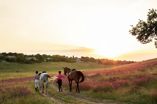 Dos mujeres y dos caballos al aire libre en verano feliz puesta de sol junto a la naturaleza. Cuidar de los animales, el concepto de amor y amistad.