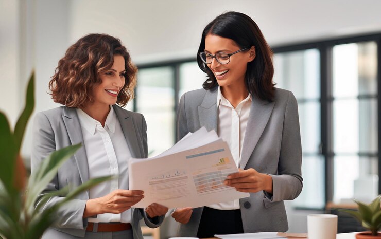 dos mujeres empresarias riendo y discutiendo el plan de negocios en la oficina