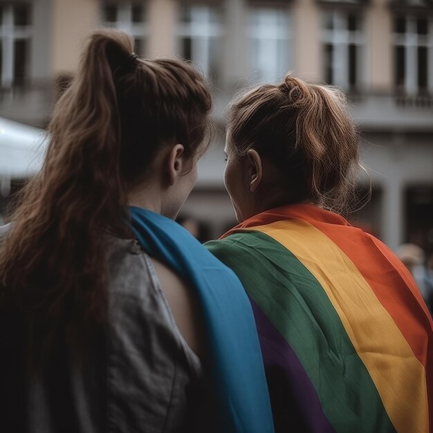 Dos mujeres envueltas en una bandera del arcoíris