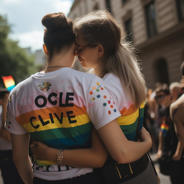 Dos mujeres se están abrazando y una lleva una camiseta de arcoíris que dice ole cloe