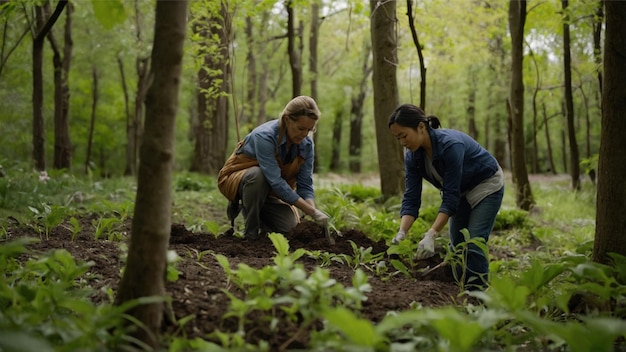 dos mujeres están cavando en el bosque con plantas