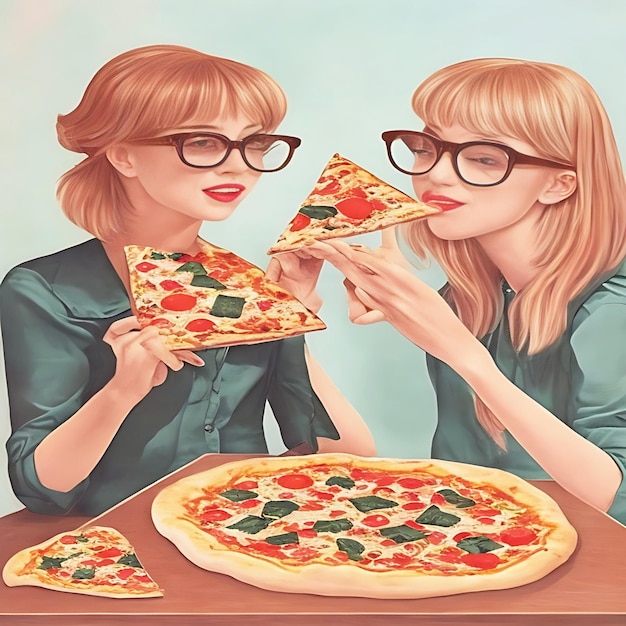 dos mujeres están comiendo pizza y una se está comiendo