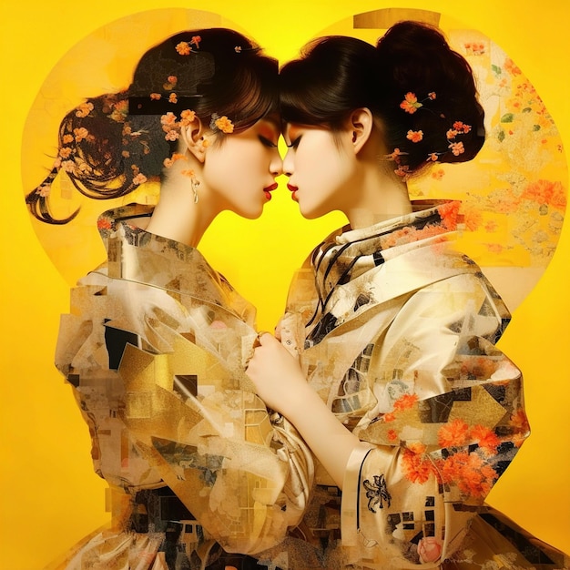 dos mujeres están frente a un fondo amarillo que dice japonés