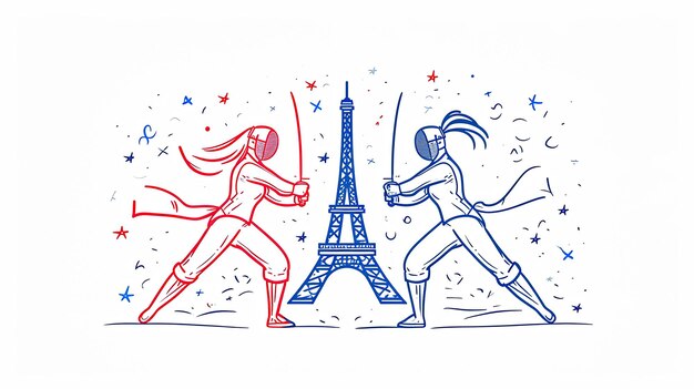 Dos mujeres están luchando entre sí con espadas frente a la Torre Eiffel