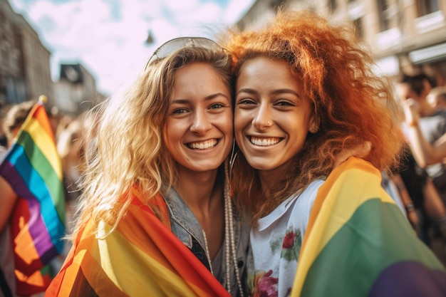 Dos mujeres están sonriendo y abrazándose en una multitud.