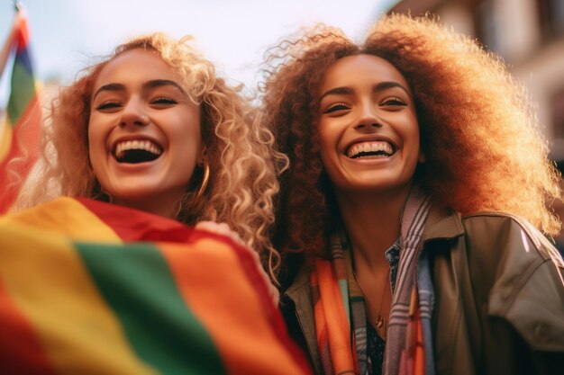 Dos mujeres están sonriendo y riendo juntas, una de ellas tiene una bandera arcoíris en el brazo.