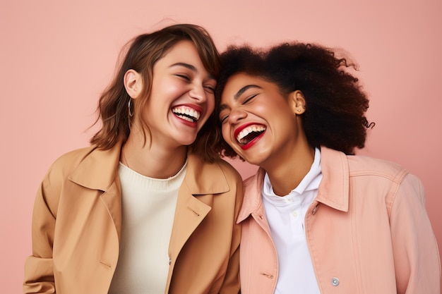 Dos mujeres felices y diversas divirtiéndose juntas en un ambiente de estudio