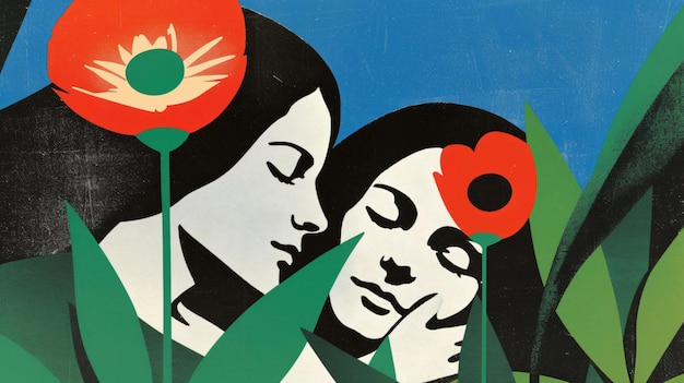 Dos mujeres con flores de amapola rojas sobre un fondo azul en estilo linocuto