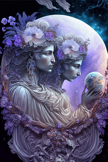 dos mujeres con flores y la luna en el cielo