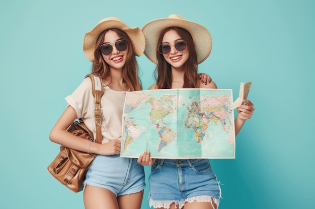 dos mujeres con gafas de sol sosteniendo un mapa y sonriendo