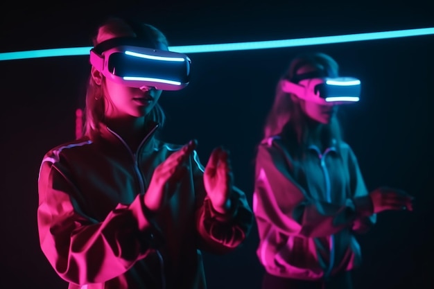 Dos mujeres con gafas vr se paran en una habitación oscura con luces de neón