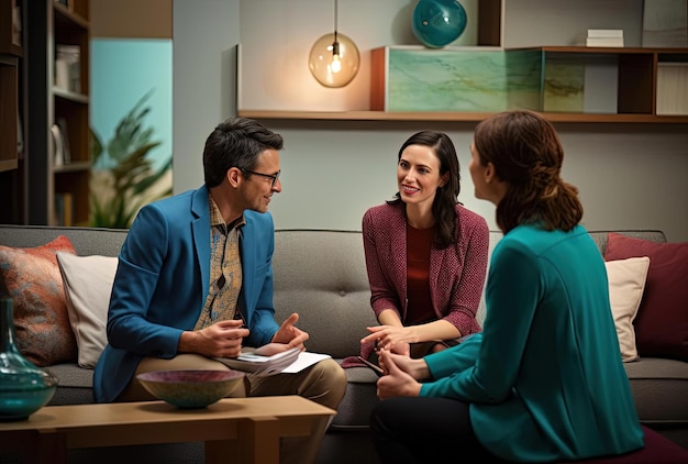 dos mujeres hablando con un practicante masculino en el estilo de azul azul claro y marrón