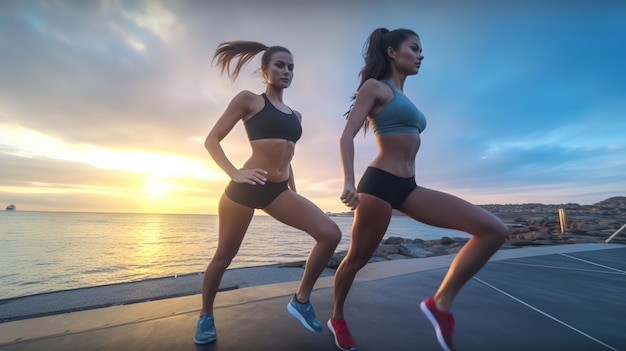 dos mujeres, hacer, un, estirar, ejercicio, en, un, playa