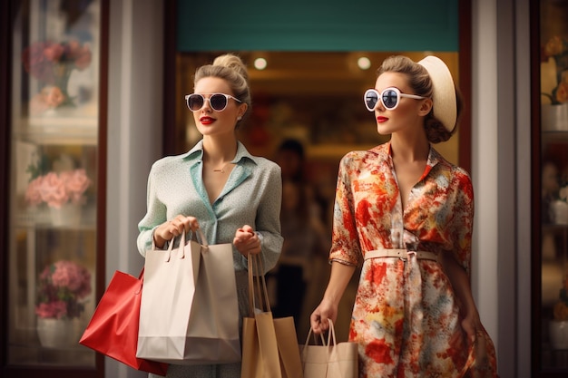 Dos mujeres hermosas haciendo compras en la ciudad.