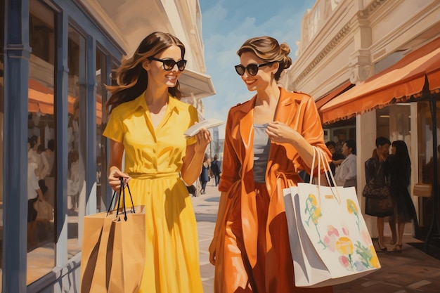 Dos mujeres hermosas haciendo compras en la ciudad.