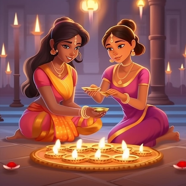 Dos mujeres hermosas en sari encendiendo una lámpara de aceite en la noche de Diwali ilustración vectorial de fondo