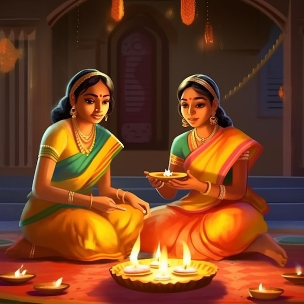 Dos mujeres hermosas en sari encendiendo una lámpara de aceite en la noche de Diwali ilustración vectorial de fondo