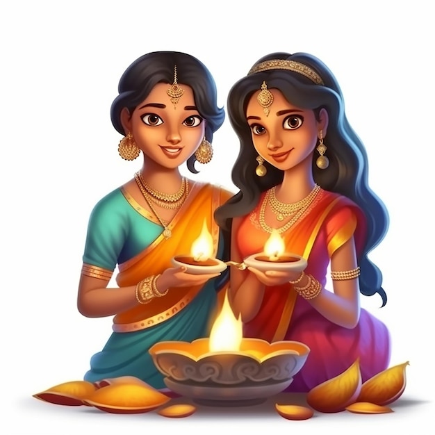 Dos mujeres hermosas con un sari iluminando y sosteniendo una lámpara de aceite Ilustración vectorial