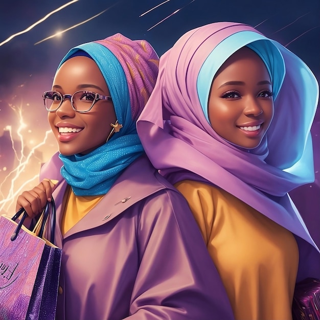 Dos mujeres hijab con bolsa de compras de boutique en el centro comercial