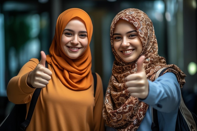 Dos mujeres con hiyab y un pañuelo en la cabeza posan para una foto.