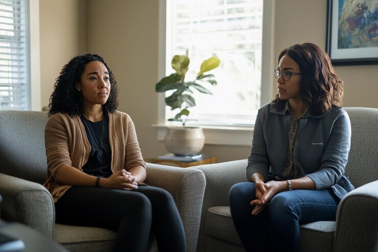 Dos mujeres involucradas en una conversación profunda en un acogedor entorno de sala de estar IA generativa