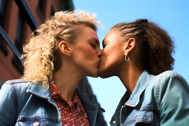Dos mujeres jóvenes besándose en la calle llevan chaquetas de vaqueros