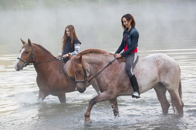 Dos mujeres jóvenes a caballo se quedan en el agua Niebla matutina