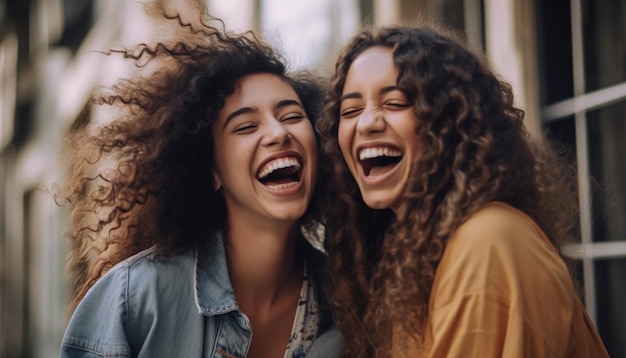 Foto dos mujeres jóvenes, una de cabello castaño rizado, riendo al aire libre generada por ia