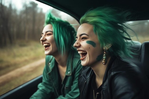 Dos mujeres jóvenes con cabello verde riéndose mientras conducen un automóvil en un viaje por carretera en el día de verano ai generativo