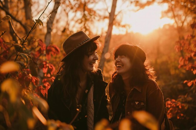 Dos mujeres jóvenes caminando en el bosque de otoño están hablando y riendo