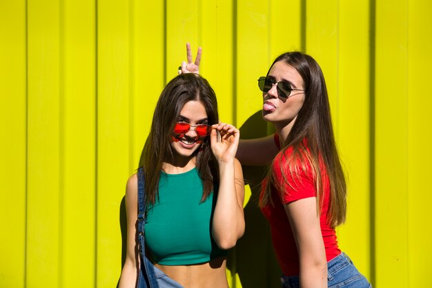 Dos mujeres jóvenes casuales lindas bromeando delante de la pared amarilla