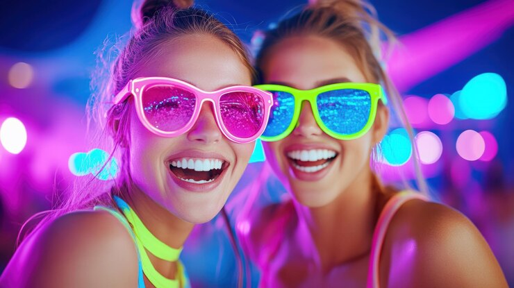 Dos mujeres jóvenes disfrutando de una fiesta iluminada con neón usando gafas de sol vibrantes y sonriendo brillantemente capturando la esencia de la diversión y la vida nocturna