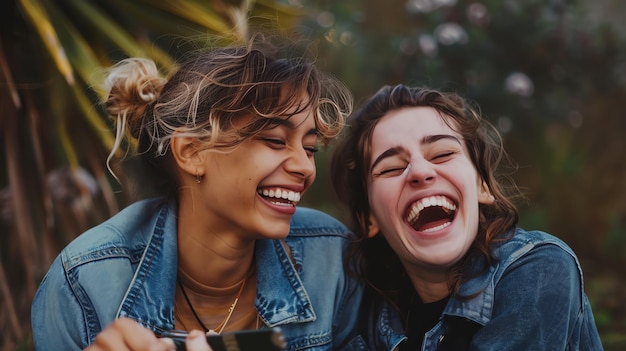 Dos mujeres jóvenes se están riendo juntas, ambas llevan ropa casual y tienen el cabello abierto.