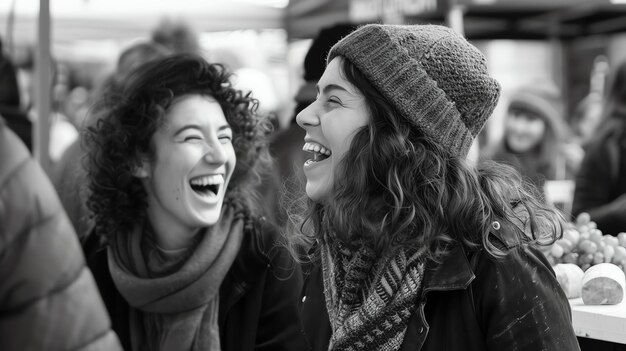 Dos mujeres jóvenes están riendo juntas en un mercado, ambas llevan ropa casual y tienen el cabello abierto.