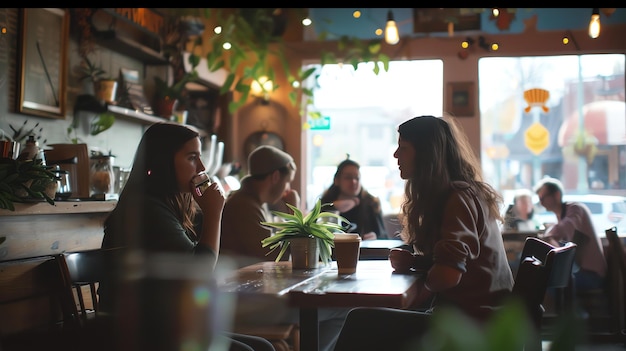 Foto dos mujeres jóvenes están sentadas en una mesa en una cafetería hablando y riendo ambas tienen tazas de café