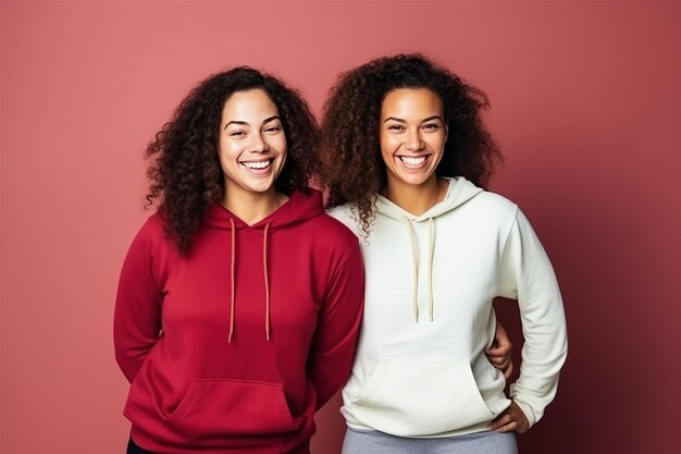 Dos mujeres jóvenes en forma se paran juntas en ropa deportiva adoptando un estilo de vida saludable en el estudio fondo limpio IA generativa