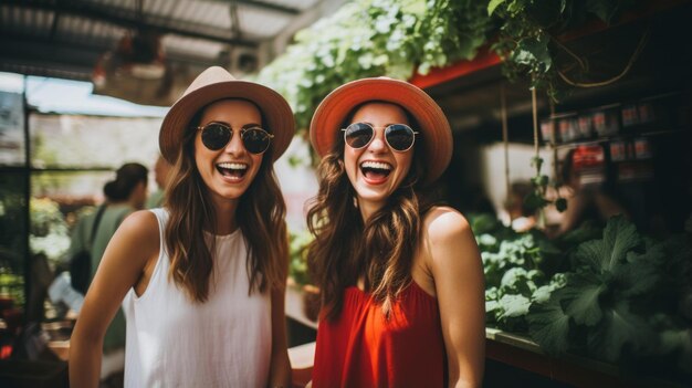 Foto dos mujeres jóvenes con gafas de sol y sonriendo felices