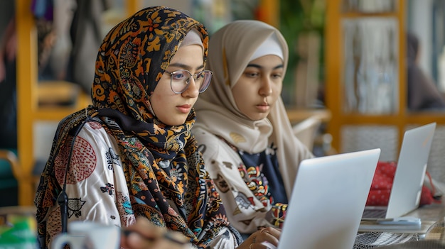 Dos mujeres jóvenes con hijab participando con una computadora portátil un momento de aprendizaje y colaboración diversidad cultural en la educación moderna IA