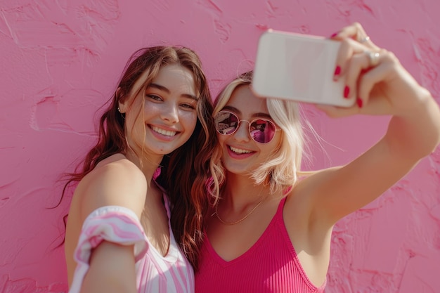 Foto dos mujeres jóvenes jugando a las selfies.