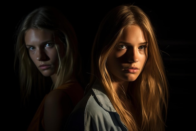 Dos mujeres jóvenes mirando a la cámara en una habitación oscura