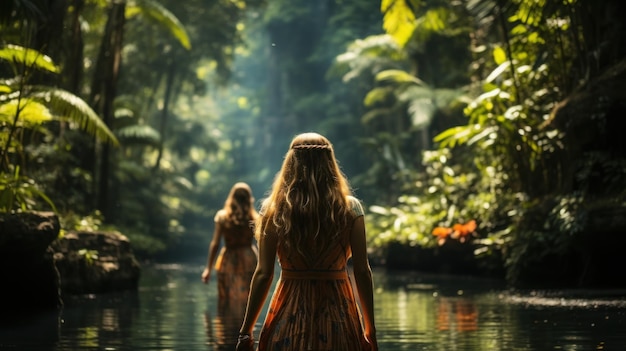 Dos mujeres jóvenes con el pelo largo en la selva tropical en el agua isla de Bali Indonesia