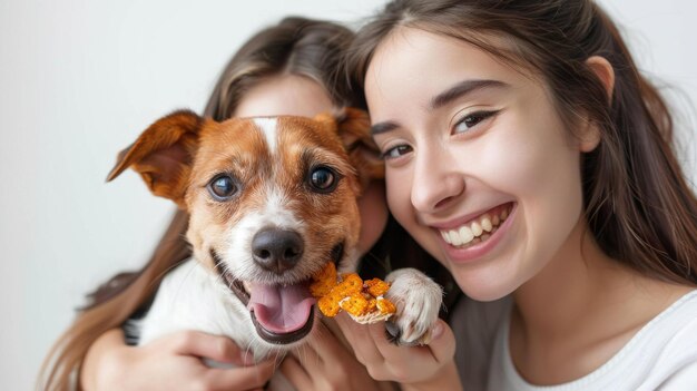 Dos mujeres jóvenes con un perro.