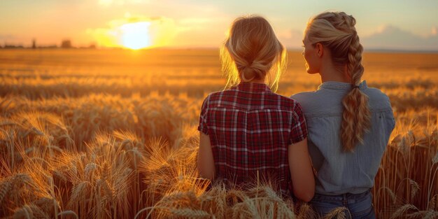 Dos mujeres jóvenes de pie en un campo de trigo al atardecer