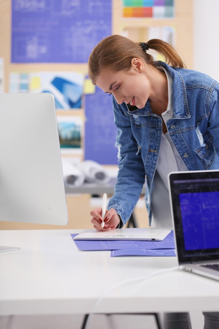 Foto dos mujeres jóvenes de pie cerca del escritorio con un plan de instrumentos y una computadora portátil