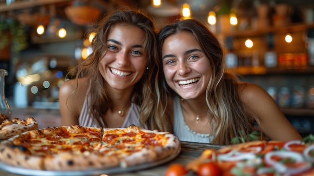 Foto dos mujeres jóvenes posando frente a una pizza