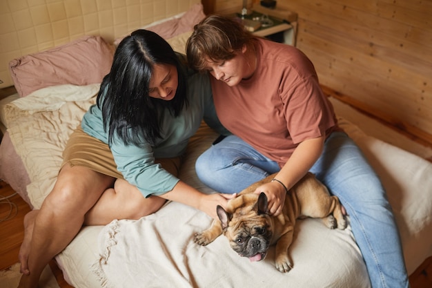 Dos mujeres jóvenes sentadas en la cama en el dormitorio y acariciando a su perro que cuidan de su mascota