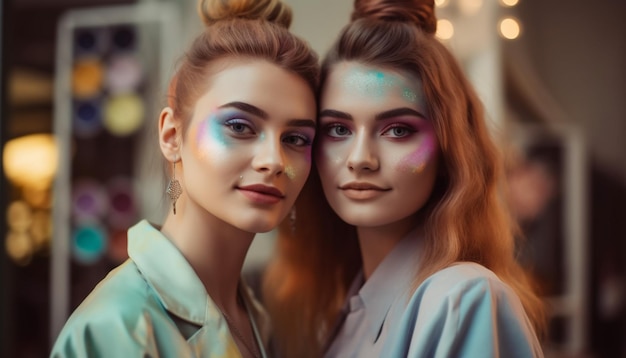 Dos mujeres jóvenes sonriendo luciendo a la moda en interiores generadas por IA